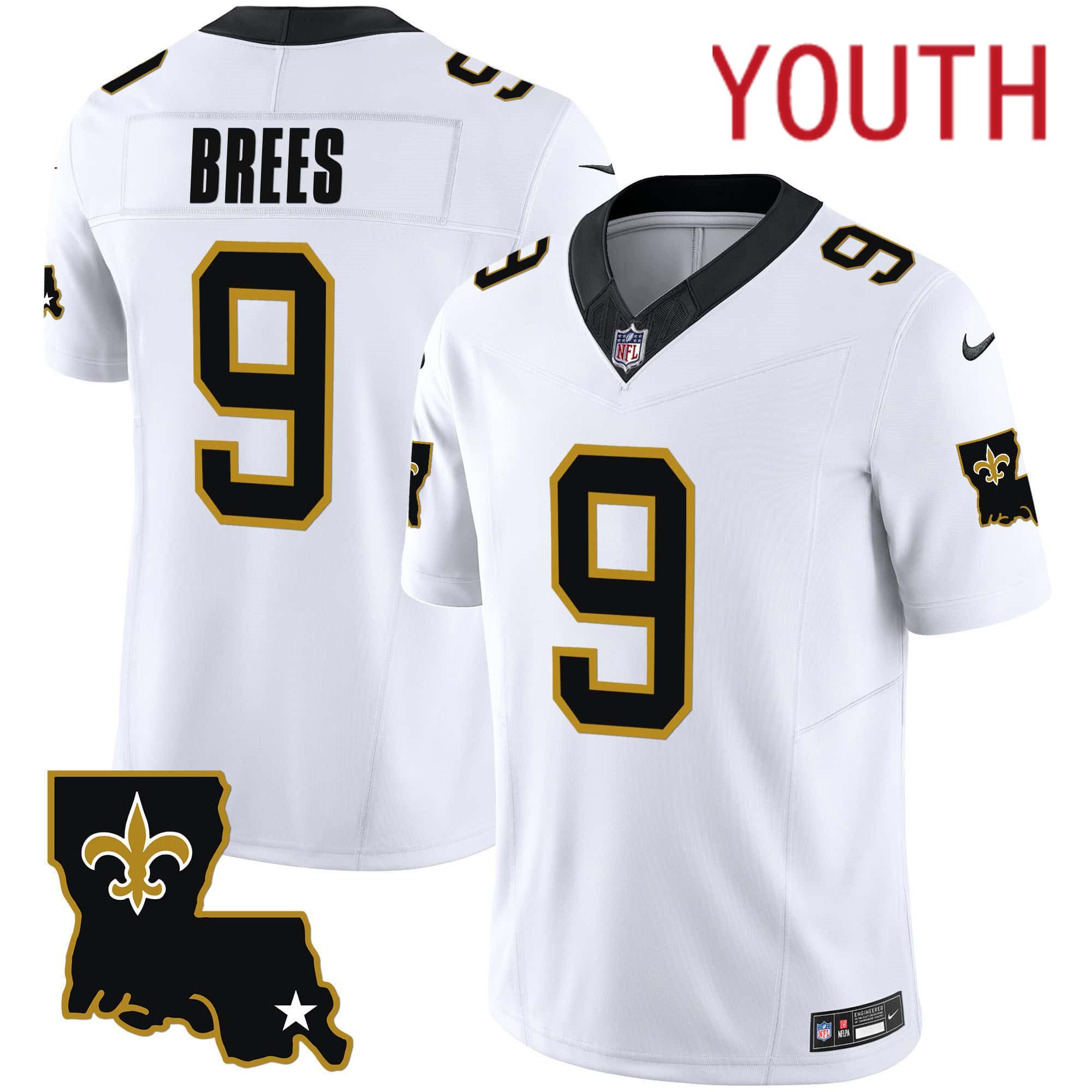 Youth New Orleans Saints #9 Brees White 2024 Nike 1987 Legacy Vapor Limited NFL Jersey